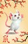 Cheerful mouse and oriental cherry branch on beige