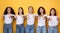 Cheerful Multicultural Girls Gesturing Thumbs-Up Posing Over Yellow Background, Panorama