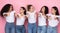 Cheerful Multicultural Women Gesturing Thumbs Up, Panorama, Studio Shot