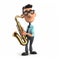 Cheerful musician saxophonist, funny cute cartoon 3d illustration on white background