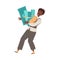 Cheerful Mustached Man Carrying Rolled Dollar Banknote and Golden Coins Having Money Abundance Vector Illustration