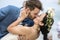 Cheerful newlyweds at beach wedding ceremony