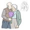 Cheerful old elderly happy grandfather kissing grandmother who smiling with bunch of purple flowers