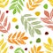 Cheerful orange and green mountain ash and birch autumn leaves in woodcut style design. Seamless vector pattern on white