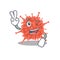 Cheerful orthocoronavirinae mascot design with two fingers