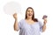 Cheerful overweight woman with a speech bubble and chocolate