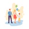 Cheerful parents and child holding air balloons flat vector illustration.