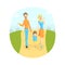 Cheerful Parents and Their Toddler Baby Walking in Park Outdoor, Mother, Father and Son Holding Hands, Happy Family