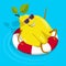 Cheerful pear, quince character in glasses swims with life buoy and waves cheerfully, says hello from vacation at seaside resort.