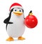 Cheerful penguin in a red hat and a Christmas ball on a white background. 3D rendering illustration. New Year