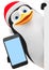 Cheerful penguin in a red hat with a phone and an empty board. 3D rendering illustration. New Year