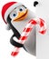 Cheerful penguin with a striped candy. 3d render illustration