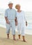 cheerful pensioners walking barefoot together