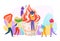 Cheerful people tiny character making delicious fruit cream dessert, teamwork preparation sundae flat vector