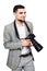 Cheerful photographer. stylish young bearded guy with digital camera in his hands