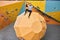 Cheerful physically challenged boulderer sitting on top of large artificial rock wall