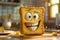 A cheerful piece of bread on the kitchen table with cartoon eyes daylight. for the butter sandwich design