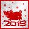 cheerful pig on the inscription 2019, red symbol of the year on a silver background with frosty ice patterns