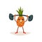 Cheerful pineapple holding barbell over his head. Active physical exercise. Funny humanized fruit. Flat vector icon