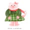 Cheerful Pink Ferret in Green Plaid Dress Celebrating Christmas in Watercolor Style