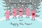 Cheerful pink pigs celebrate christmas, walk under snow. Vector cartoon drawing