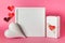 Cheerful pink red white mock up with presents and hearts