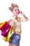 Cheerful pinup woman with shopping bags and phone