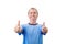 Cheerful and pleased middle aged man, shows thumbs up gesture, looking to camera, isolated on white background. Middle aged man