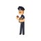 Cheerful police officer in blue uniform eating glazed donut, policeman cartoon character vector Illustration on a white