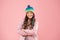 Cheerful and positive. warm clothes for cold season. kid fashion and shopping. trendy girl smiling. cheerful child pink