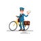 Cheerful postman with the bike and the letter in his hands. Vector illustration