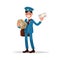 Cheerful postman with parcels and letter. Vector illustration