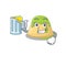 Cheerful pudding green tea mascot design with a glass of beer