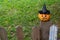 A cheerful pumpkin in a Witch& x27;s hat is sitting on the fence.The Concept Of Halloween. space for your text