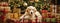 Cheerful puppy labrador sits against christmas background. The dog labrador is waiting for a festive celebration at home. Banner.