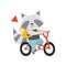 Cheerful raccoon riding a bike with a backpack, cute animal cartoon character travelling on summer vacation vector