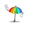 Cheerful rainbow umbrella mascot design with two fingers