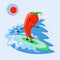Cheerful red chili pepper cartoon rolls on the sea waves on a surfboard. Bright vegetable hot pepper character. Leisure at sea.