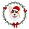 Cheerful red Welsh Corgi dog in Christmas hat and wreath from Christmas tree with a red bow