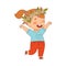 Cheerful Redhead Girl with Flower Wreath on Her Head Jumping with Joy Vector Illustration