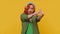 Cheerful redhead woman showing hashtag symbol with hands, likes tagged message popular viral content