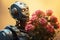 Cheerful Robot smiling with flowers. Generate Ai