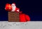 Cheerful Santa Claus peek out from a chimney on snowy roof