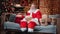 Cheerful Santa Claus posing with craft wrapped gift box at festive illuminated room Christmas tree