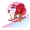 Cheerful Santa goes on skis from a hill.