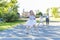 Cheerful school age child play on playground school