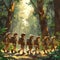 Cheerful scout troop on an adventure in a sunny forest