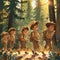 Cheerful scout troop marching through sunlit forest on an adventure
