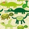 Cheerful seamless pattern with crocodile, turtle, dragon, iguana, snake. Green background.