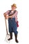 Cheerful senior farmer leaning on hay fork